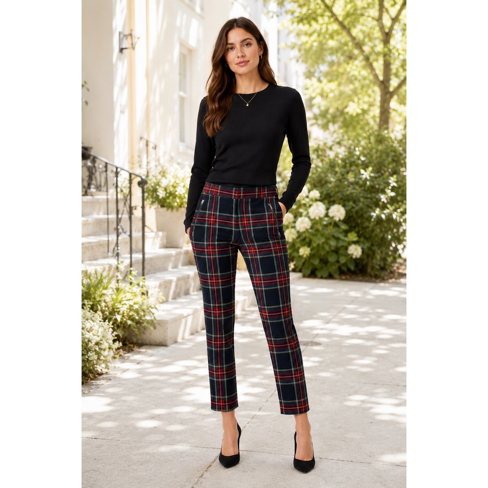 Zara Basic Red Black Plaid‎ Tartan Slim Trousers Side Zip Pants Medium